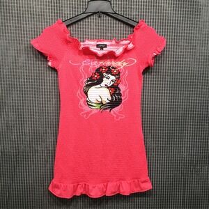 Ed Hardy Womens Smocked Top Geisha Tattoo Graphic L Pink